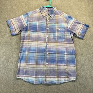 Ibex Flannel Shirt Women's Large Purple Blue Plaid Short Sleeve Organic Cotton